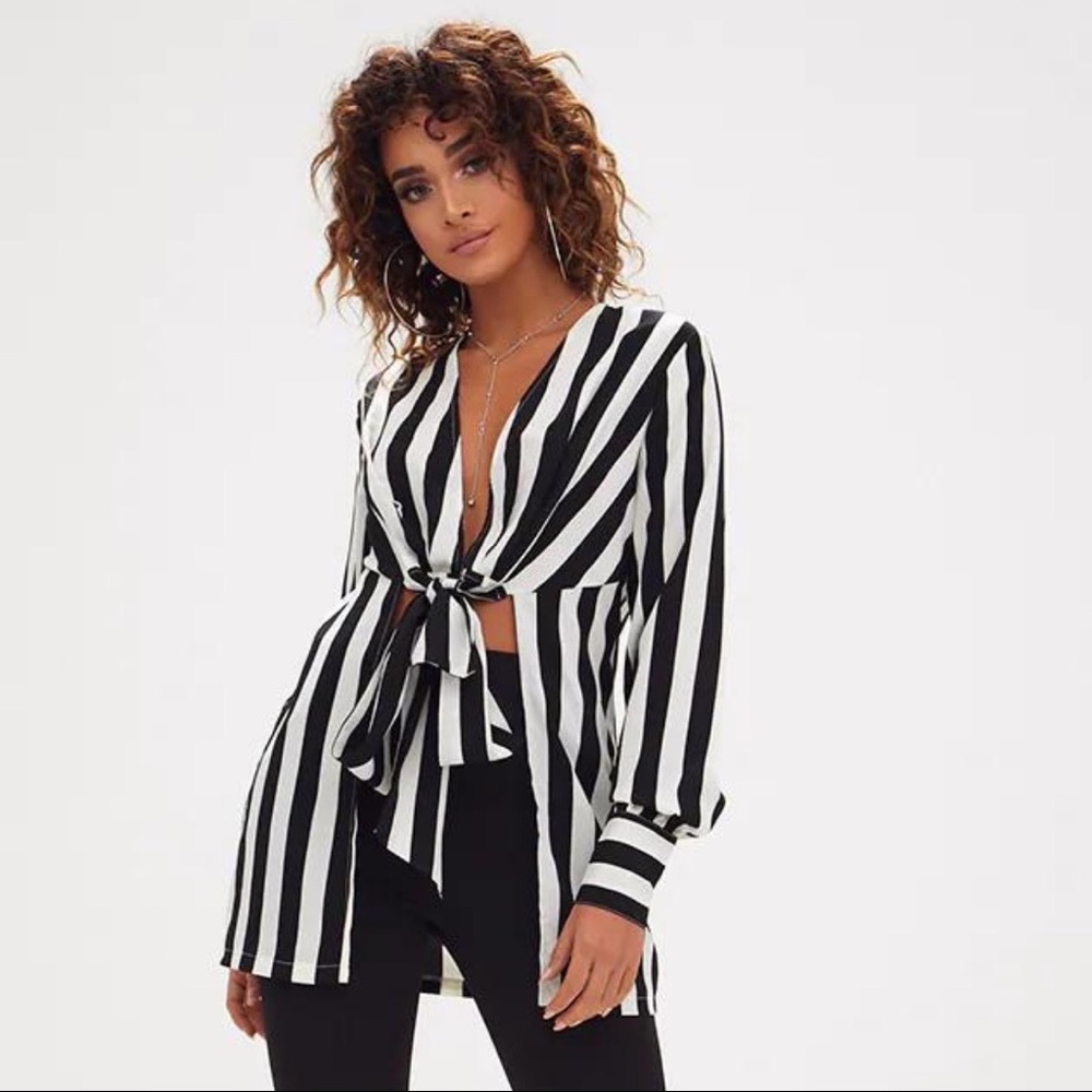 Monochrome Stripe Tie Front Longline Blouse